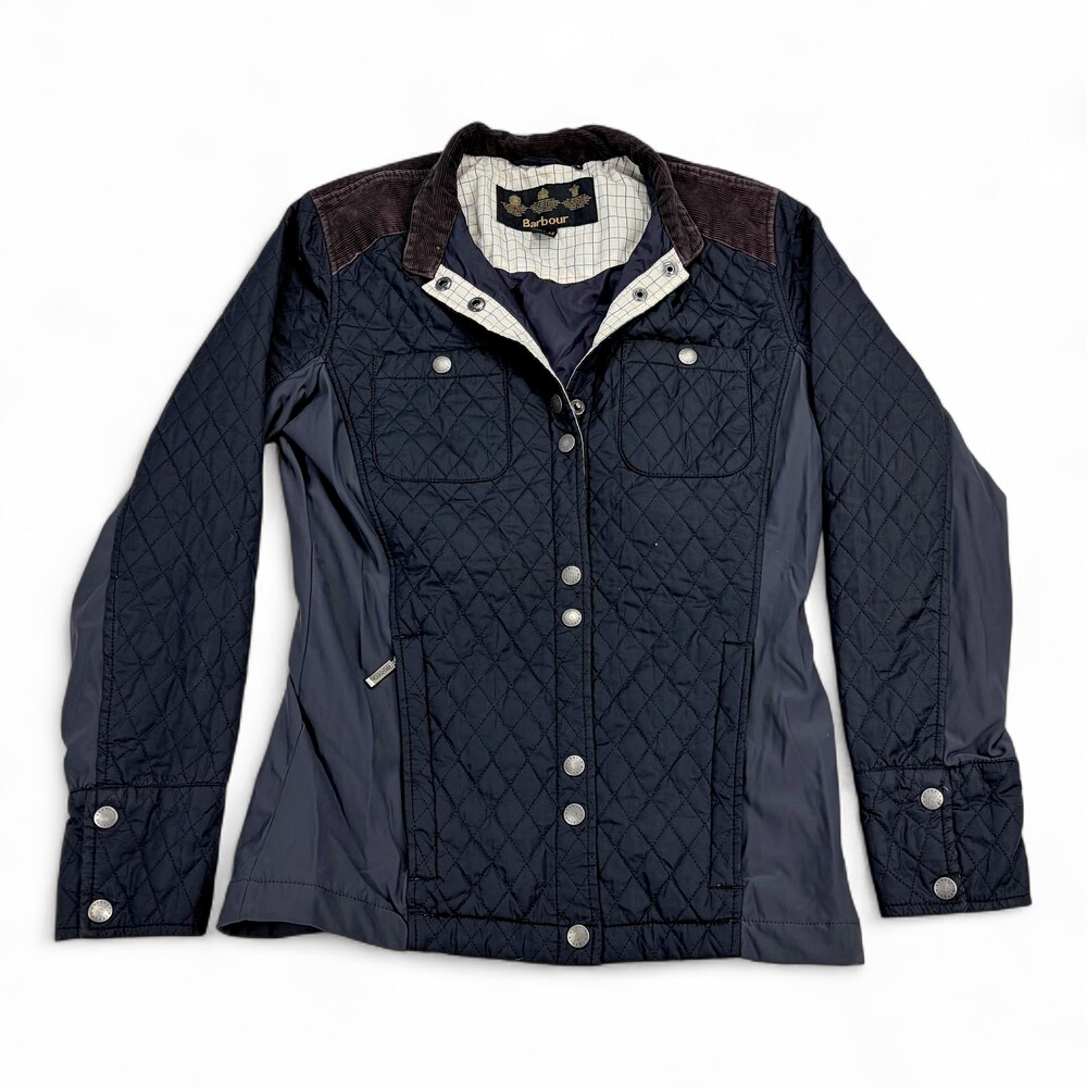 Barbour Women's Quilted Dark Navy Jacket with Brown Cord Collar